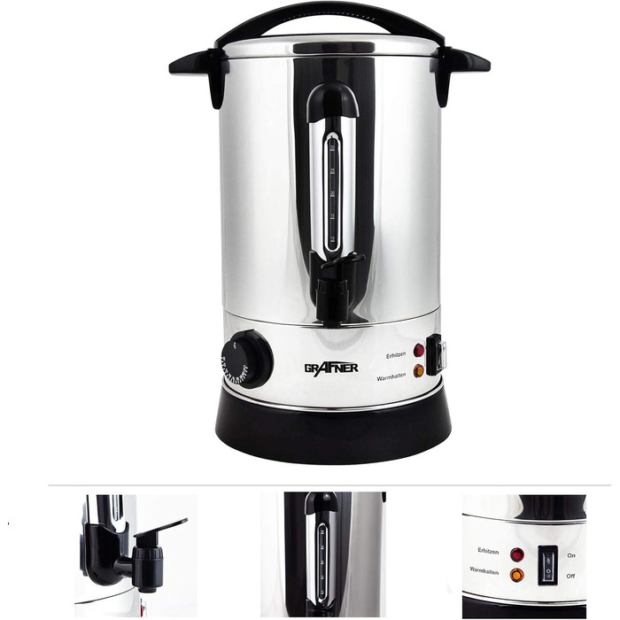Електричний диспенсер для глінтвейну Grafner XL з нержавіючої сталі, 8,8 л, 1500 Вт, з краном, термостатом та захистом від перегріву