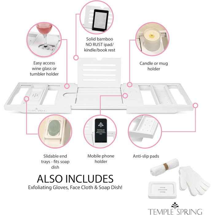 Підставка для ванни Temple Spring з дерева, дерев'яна підставка для ванни, дерев'яне підношення для ванни, аксесуари для ванної кімнати, спа-стіл для ванни (білий)