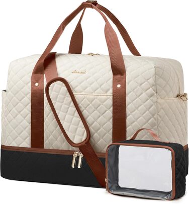 Спортивна сумка LOVEVOOK для жінок з відділенням для ноутбука, 40л, Gym Bag, Travel Duffle, для подорожей, фітнесу, клініки, лікарні (чорний+бежевий+коричневий, з відділенням для взуття)