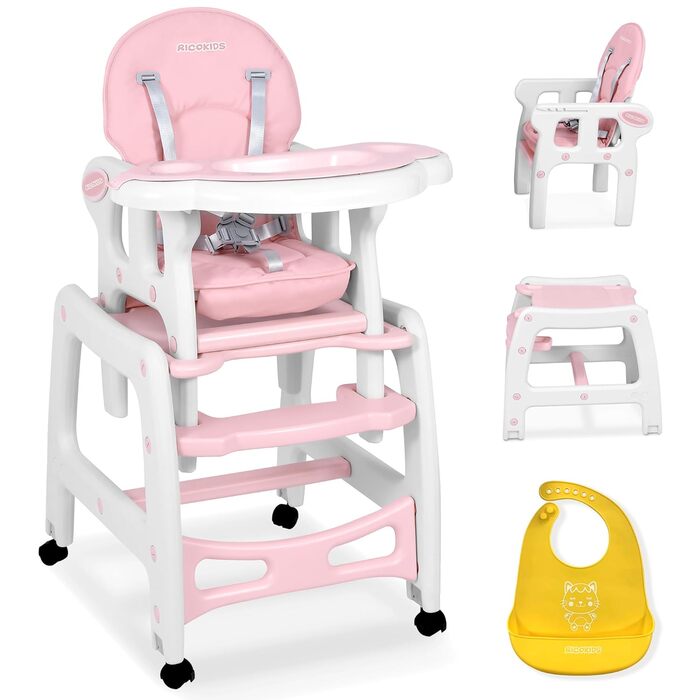 Дитячий стільчик Ricokids Sinco 5в1 - регульований, з функцією гойдання, рожевий