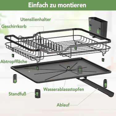 Сушарка для посуду ROTTOGOON розширювана, нержавіюча сталь, з висувним носиком та відділенням для столових приладів, чорна (1-рівнева)