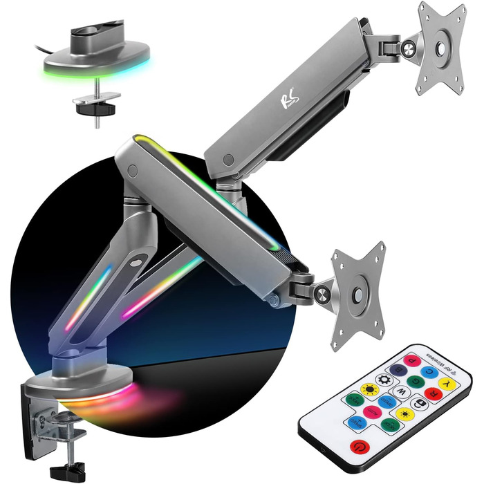 Кріплення для двох моніторів NanoRS RS166 з RGB-підсвічуванням, регульоване по висоті, настільне, для моніторів 17-32