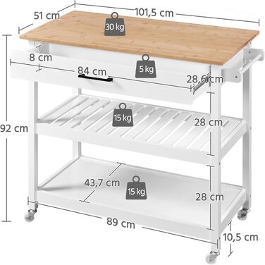 Сервісний візок Yaheetech з шухлядою, кухонний візок з 2 полицями, мобільний візок, кухонна вітрина, мобільний острівець, білий, 51 x 101,5 x 92 см