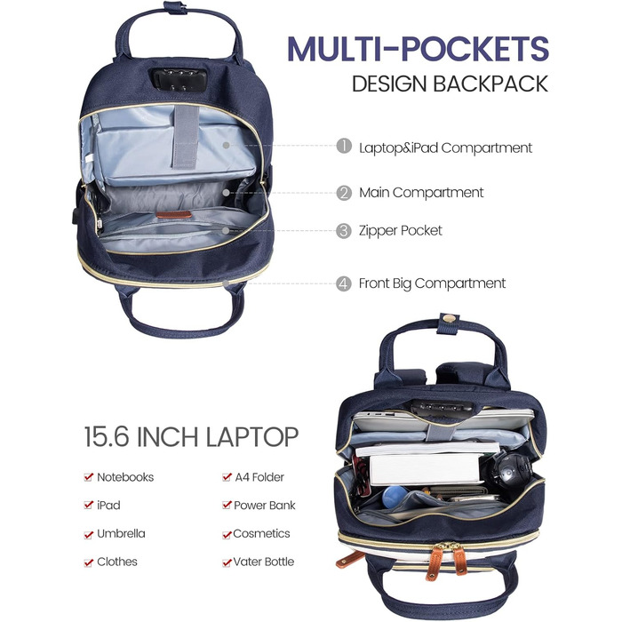 Рюкзак LOVEVOOK для ноутбука 15.6 дюймів: шкільний, для підлітків, водонепроникний, антикрадійний, для дівчаток та хлопців, чорний, бежевий