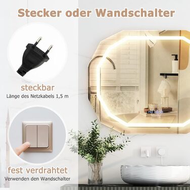 Дзеркало для ванної кімнати GOPLUS з підсвічуванням, 3 кольори світла, антизапар, годинник, температура, функція пам'яті, для ванної та вітальні (Модель 5)