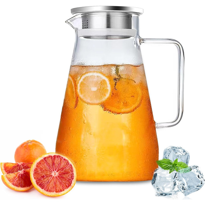 Скляний глечик Nutabevrd 2.3 л з нержавіючою кришкою, фільтром та ручками. Підходить для води, кави, молока, соку, вина та інших напоїв. Легко миється.