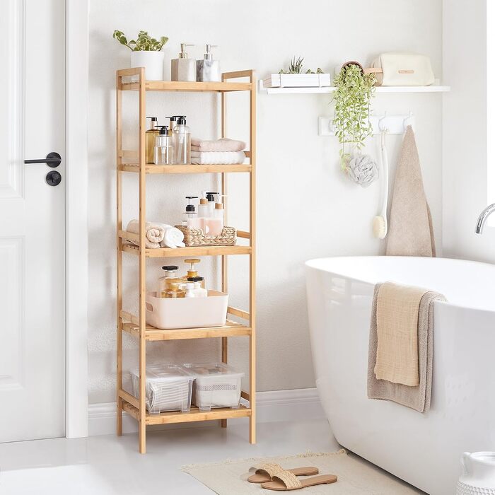 SONGMICS Regal Bambus, 5 поличок, 31.5 x 45 x 142 см, для ванної, кухні, вітальні, спальні, балкону, натуральний колір + білий