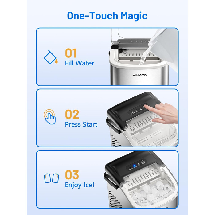 VINATO Льодогенератор портативний для дому та офісу, 12 кг/24 год, срібний. Швидке виробництво льоду (6-8 хв), з лопаткою та кошиком.