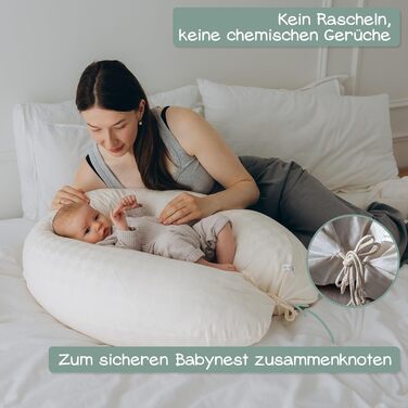 Подушка для годування Stillkissen XXL з органічної бавовни та наповнювачем з капоку | велика подушка для годування та пляшечки | вагітна подушка для сну на боці | антиалергенна та тиха | 190x30 см, кремовий колір, перкал