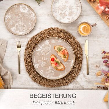 Набір посуду Moritz & Moritz MARIELLA Steingut 48 предметів для 12 осіб - Сучасний сервіз з кераміки бежевого кольору з вишуканим дизайном, легкий у догляді, включає тарілки, чашки, миски та інше.