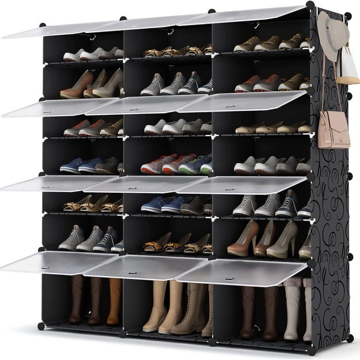 Полиця для взуття, пластиковий органайзер із задніми панелями, стійка до перекидання з гачками, чорна (3x7)