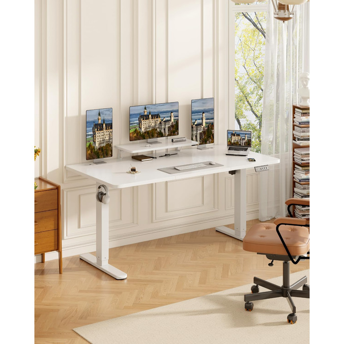 Електричний стіл Devoko з регулюванням висоти та підставкою для монітора, пам'ять 2 положення (білий, 180 x 80 см)