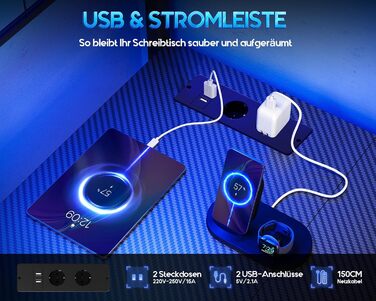 Ігровий стіл Coleshome з LED підсвічуванням, 110x80 см. Зручний стіл з шухлядами та розетками, кутовий, з полицею та місцем для зберігання. Чорний, карбон.