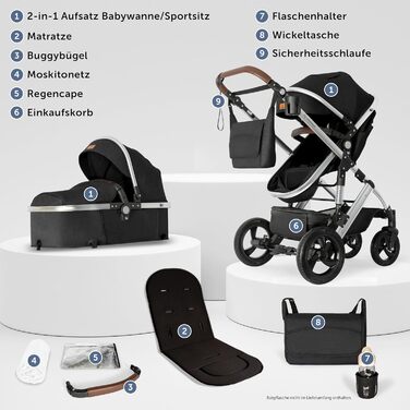 Дитяча коляска Bergsteiger Nizza 3 в 1, комплект: автокрісло, люлька, прогулянковий блок (чорний/срібний)