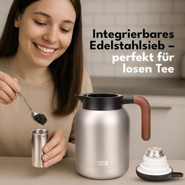 Термос LEBENLANG 1,5L з керамічним покриттям - з ситом для чаю | 24 години зберігає тепло | Термокана для кави та чаю | Сріблястий