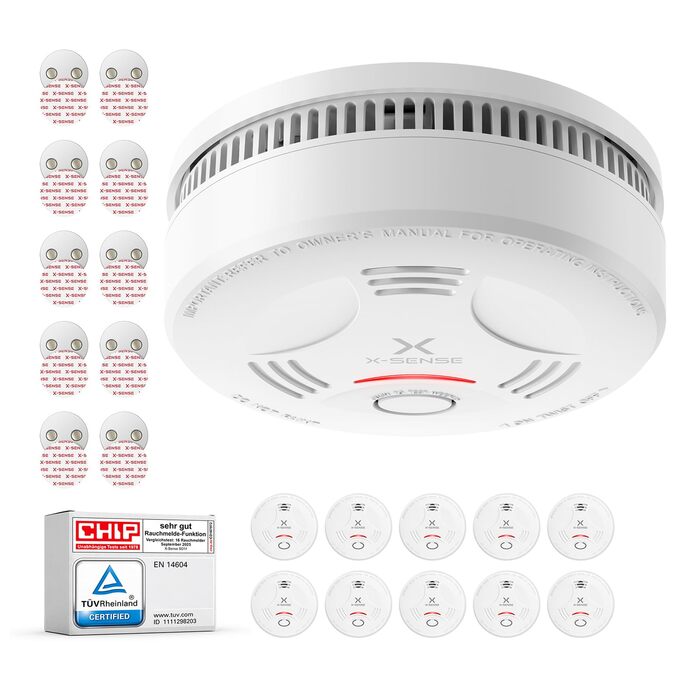 Датчик диму X-Sense з батареєю на 10 років та магнітним кріпленням, 10 шт. (SD11), сертифікат TÜV Rheinland, функція вимкнення звуку та самотестування, білий