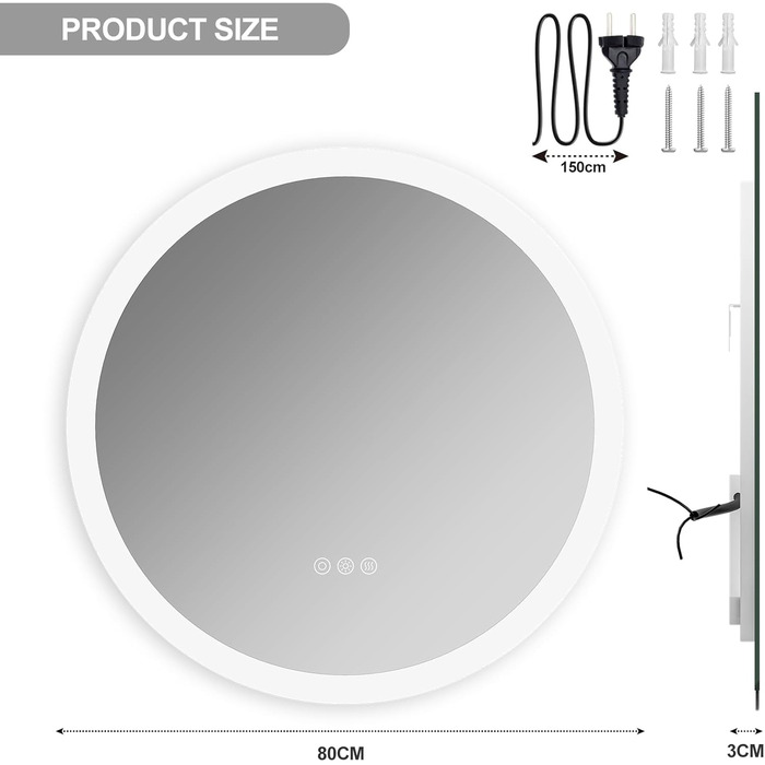 Дзеркало для ванної кімнати ChillCruiser LED круглої форми 50 см з чорною рамою, антизапар, 3 кольори, функція пам'яті