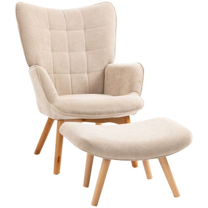 Крісло HOMCOM Wingback з табуретом Крісло з м'якою реклайнером Вельвет Look Крісло для відпочинку Крісло Крісло з дерев'яними ніжками Телевізор Крісло бежеве для вітальні