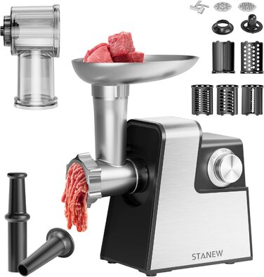 Електрична м'ясоподрібнювач STANEW 2500W з нержавіючої сталі [4-в-1] з 5 лезами (хвильовий ніж/різання/тертка) та подвійним мотором - для м'яса, овочів, зелені + насадка для ковбас та для вирізання печива