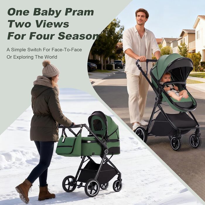 Дитяча коляска 3-в-1 | Комбінована коляска з автокріслом | Візок з регульованою ручкою | Алюмінієвий каркас | Москітна сітка | для новонароджених 0-4 роки, Зелений
