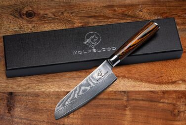 Ніж Santoku Wolfblood з дамаської сталі 67 шарів (24 см) - професійний кухонний ніж з дерев'яною ручкою, подарункова коробка та захист леза