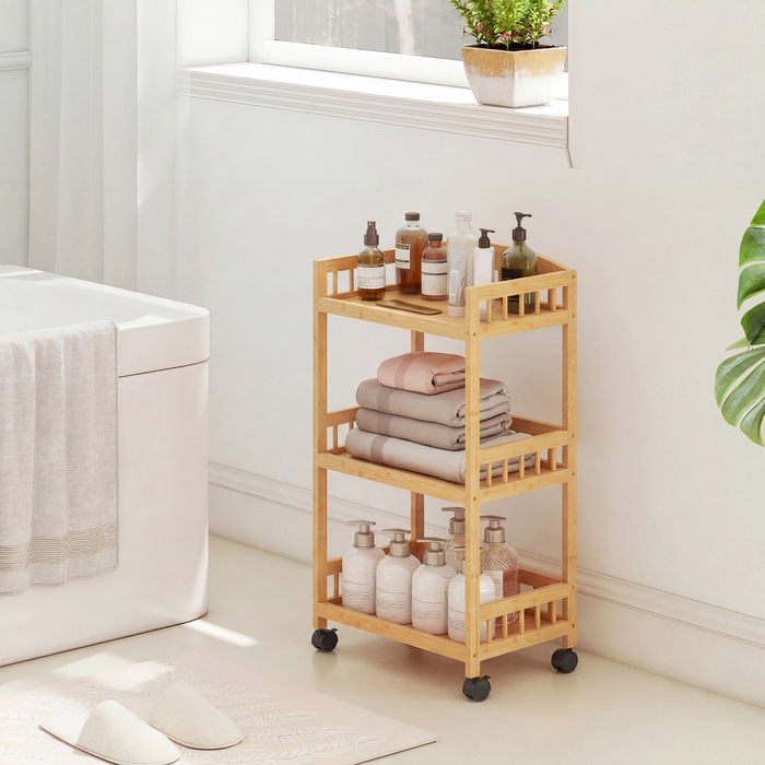 Візок для кухні на колесах з 3 ярусами, сервірувальний візок з місцем для зберігання, кухонна полиця на колесах, для кухні, ванної кімнати, офісу, з натурального дерева.