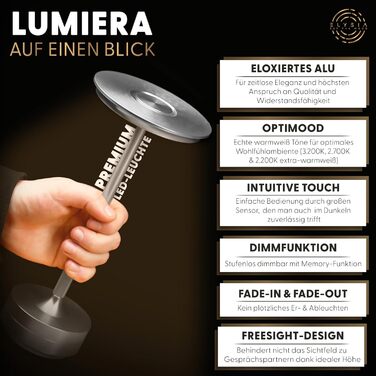 LED-лампа ELYSIA на акумуляторі: диммування, бездротове підключення, сенсорне керування, IP54, 2200-2700K, USB-C, для дому та саду, алюміній, срібло