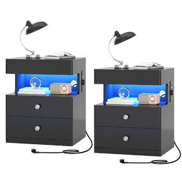 Нічний столик AOGLLATI з прихованим відділенням, розеткою та LED-підсвічуванням, 2 шухляди, висувний ящик, полиця, глянцева поверхня (40x35x59 см, чорний, 2)