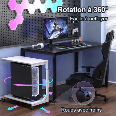 Регульована підставка для комп'ютерного блоку з 2 полицями та місцем для зберігання - для корпусів ATX, принтерів, з фіксуючими колесами (білий, 64 x 64 x 59-84,5 см)