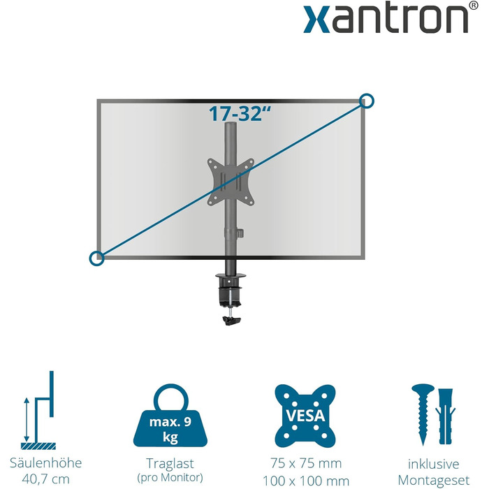 Кріплення для монітора Xantron® ECO-E62: 17-32 дюйми, VESA 75x75/100x100, для плоских та вигнутих моніторів, з монтажним комплектом