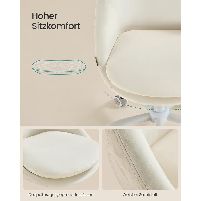 Крісло SONGMICS для офісу та дому, з оксамитовою передньою частиною, регульоване по висоті, для робочого кабінету або спальні, кремовий колір, OBG020WD01