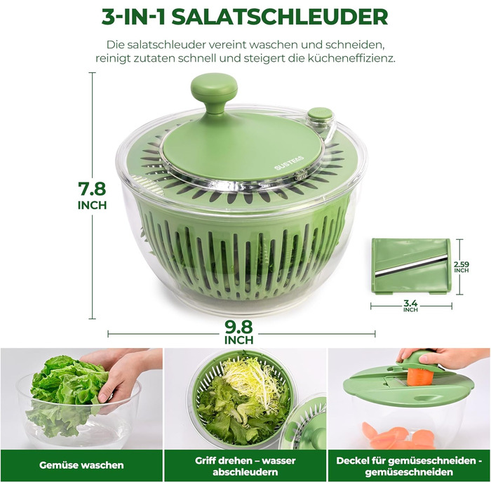 SUSTEAS Салатниця-швидкокрутка 4.5л з кришкою, чаша для салату з 5-лопатевим ножем, механізм Kubelantrieb та сепаратор для яєць – для миття, сушіння та нарізання салату, овочів, фруктів