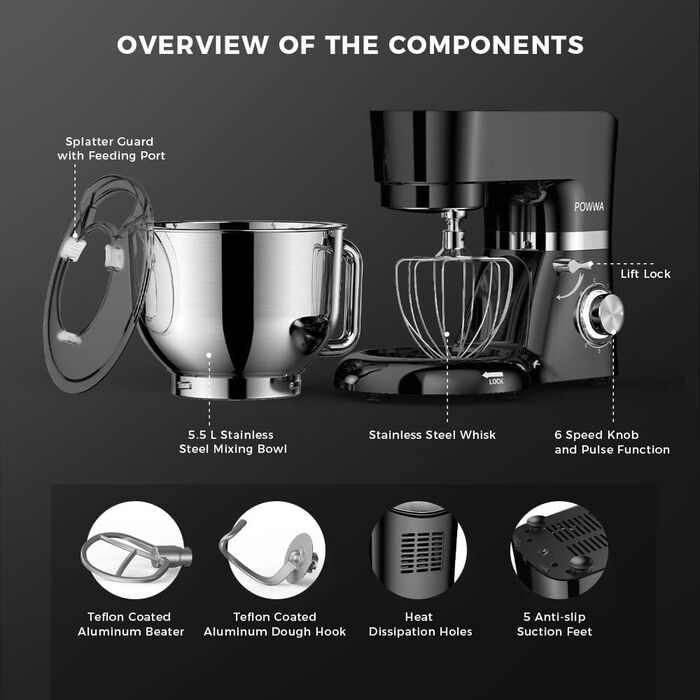 Кухонна машина POWWA 5.5L з 6 швидкостей, 1500W, для замішування тіста, з міксером, гаком для тіста та насадкою для збивання, чорного кольору