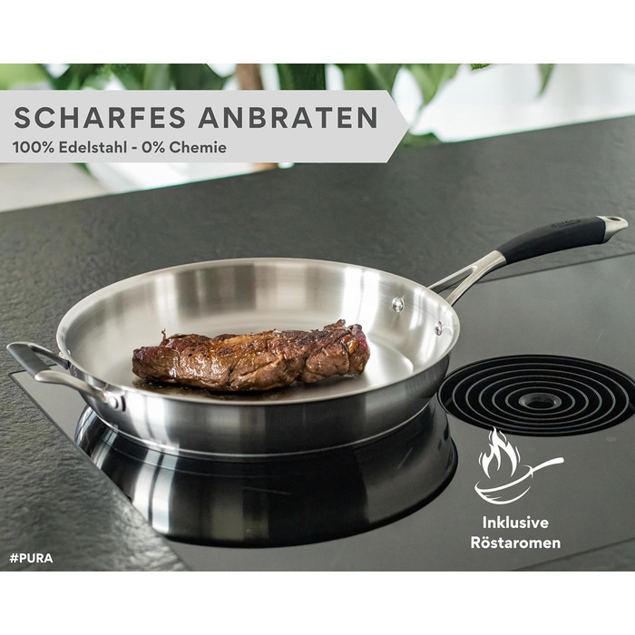 Набір сковорідок нержавіючої сталі Edelstein PURA 20, 24, 28 см + 32 см – для індукції та всіх плит, без PTFE/PFOA, для смаження з ароматом