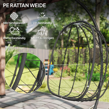 Гамак-крісло Outdoor, Гамак-крісло у формі яйця, стійкий до погодних умов, з подушкою, 102 см x 102 см x 195 см, Темно-сірий