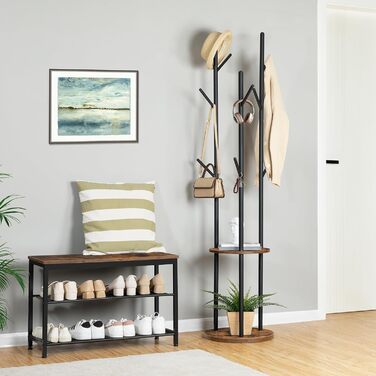 HOOBRO Стійка для одягу, вільна стоянка, вішалка для одягу у вигляді дерева з 8 гачками, 2 круглі полиці, для одягу, капелюхів, сумок, вітальні, спальні, офісу, темно-коричневий + чорний