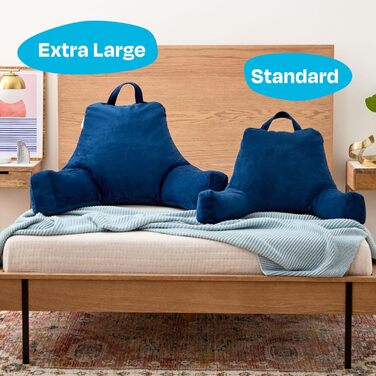 Подушка для читання Linenspa з подрібненим пінополіуретаном (Memory Foam), спинка для сидіння в ліжку, для читання, ігор, перегляду телевізора – подушка-стілець з підлокітниками, ідеальна для гуртожитків, темно-синій, стандартний розмір