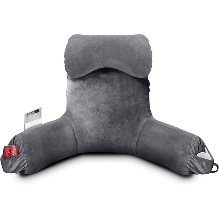 Подушка для сидіння в ліжку для дорослих, з меморі-піною, 63,5 см, зйомний валик для шиї, знімна та пральна наволочка, подушка для спини з подовженими підлокітниками