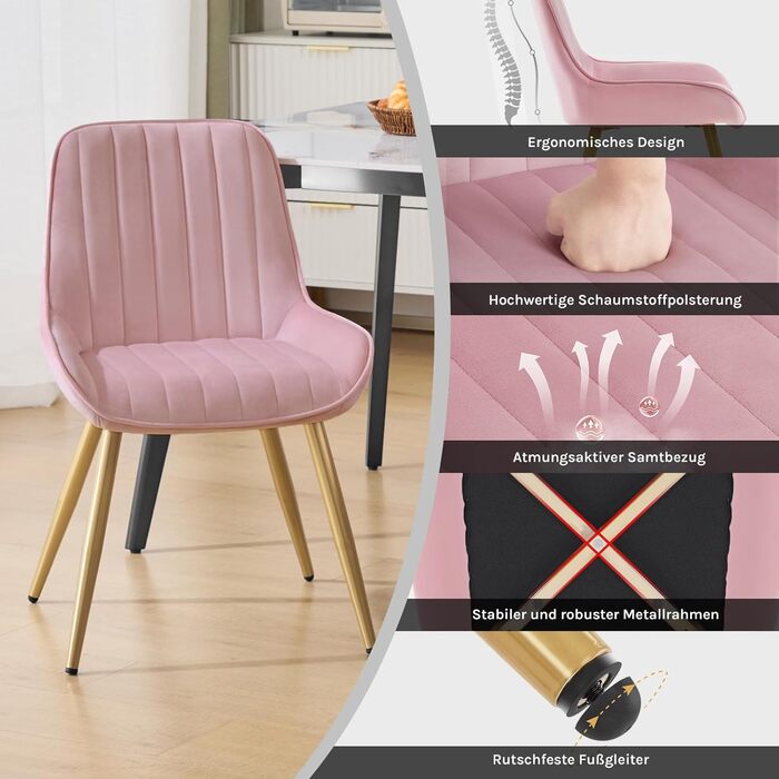 Набір з 2 стільців Lestarain для їдальні, вітальні, кухні, ретро стиль, м'яке сидіння з велюру, металеві ніжки, до 150 кг, рожевий велюр