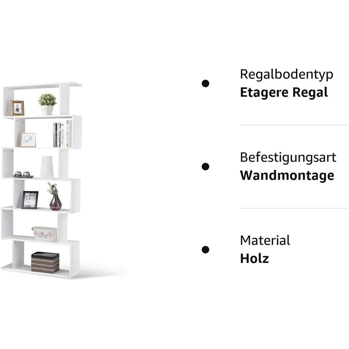 Дерев'яна книжкова шафа, Стояча полиця з 6 рівнями, S-подібна офісна полиця для книг, Вітрина для вітальні, кабінету та офісу, Настінна полиця до 90 кг з можливістю завантаження, Полиця для документів (біла), 4LIFE