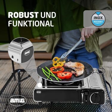 Газовий балонний пальник Amig CAMP01 з 1 конфоркою, вбудованим вітрозахистом та нержавіючою сталею, 2.2 кВт, сумісний з картриджами B-250