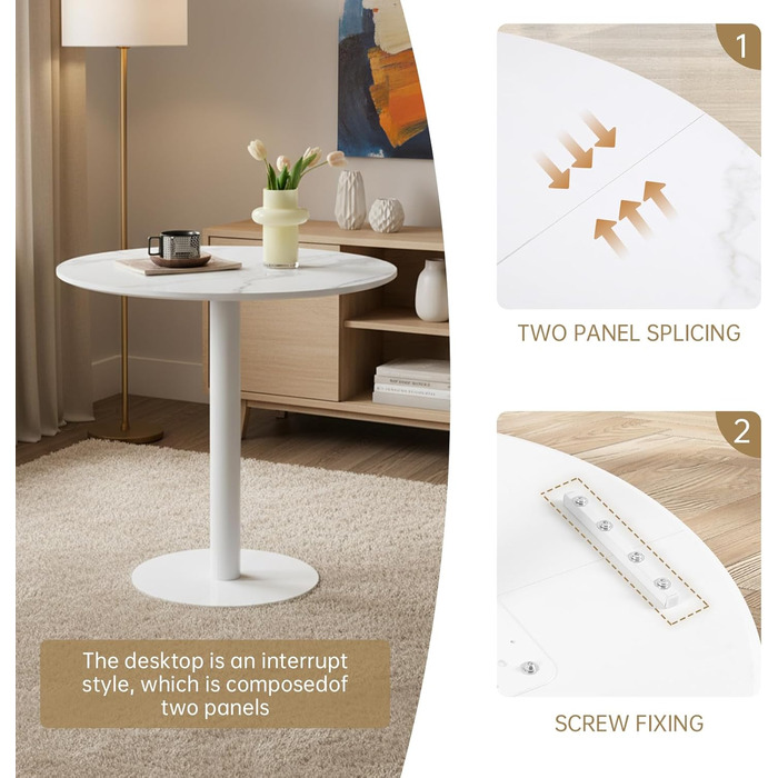 Круглий обідній стіл для кухні, вітальні, балкону. Білий стіл 70x70 см з мармуровою стільницею та прямою ніжкою