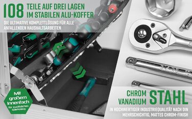 Набір інструментів Brüder Mannesmann 108 предметів в алюмінієвому кейсі: викрутки, плоскогубці, біти, головки, молоток. Сталь Cr-V