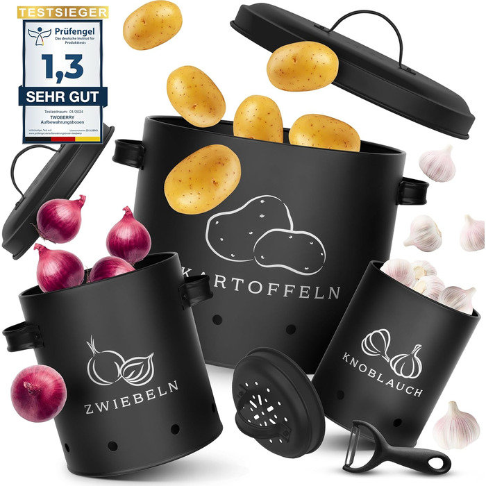 Набір контейнерів для зберігання картоплі, цибулі та часнику [3 шт] з овочечисткою, чорного кольору
