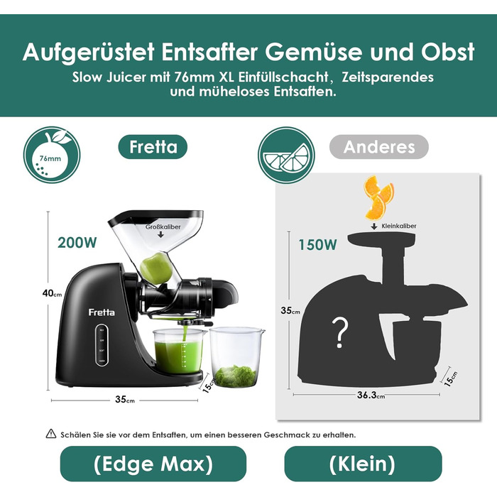 Електричний соковитискач Fretta Slow Juicer: холодний віджим, 76 мм, для овочів та фруктів, чорний