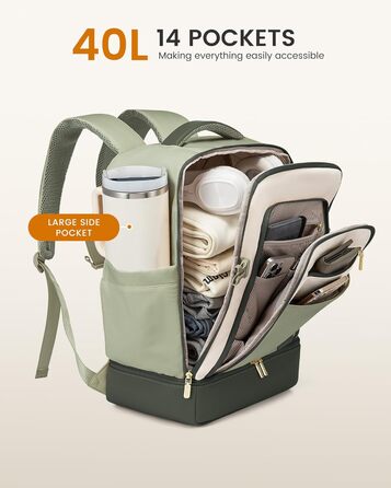 LOVEVOOK Рюкзак для ручної поклажі 40L з окремим відділенням для взуття, жіночий, для подорожей (3 шт.) Бежевий, Зелений