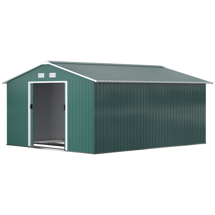 Outsunny Garden сарай 12,4 м², садовий сарай з односхилим дахом, розсувні двері, фундамент, 340 x 386 x 200 см, садовий сарай з оцинкованої сталі, стійкий до погодних умов, для саду, темно-зелений | Аосом