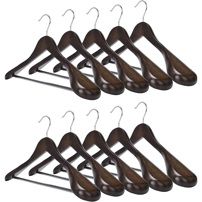 10 дерев'яних вішалок для костюмів з широкими плечима – протиковзні, 360° обертання, для сорочок, пальто, курток, штанів (волоський горіх, високоякісне дерево)