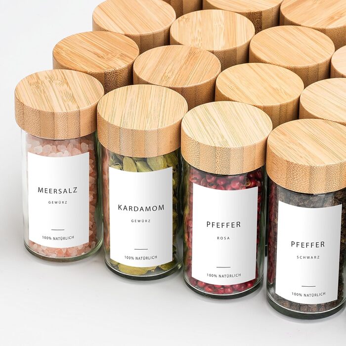 Набір баночок для спецій 24 шт. по 100 мл з бамбуковими кришками та етикетками | Набір для зберігання спецій, баночки для спецій, 24 шт.