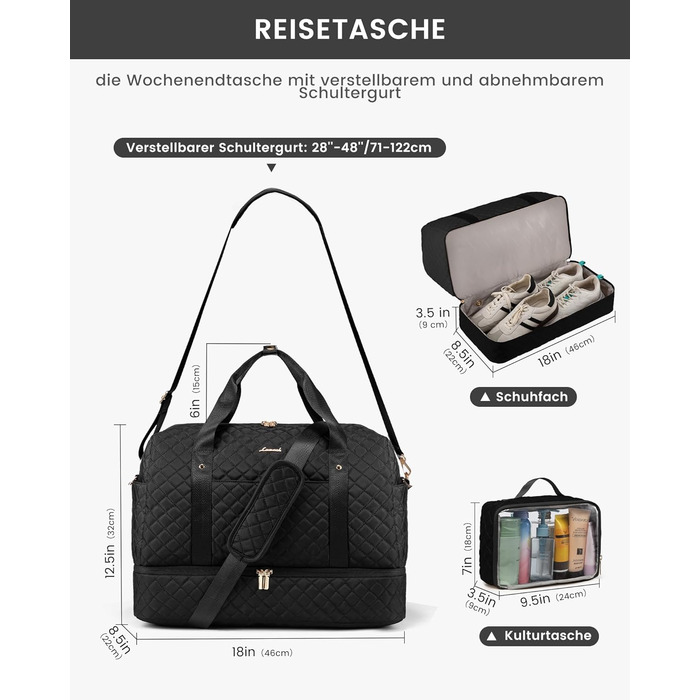 Спортивна сумка LOVEVOOK для жінок з відділенням для ноутбука, 40L, з відділенням для взуття. Ідеальна для подорожей, спортзалу, фітнесу та клініки. Чорний колір.